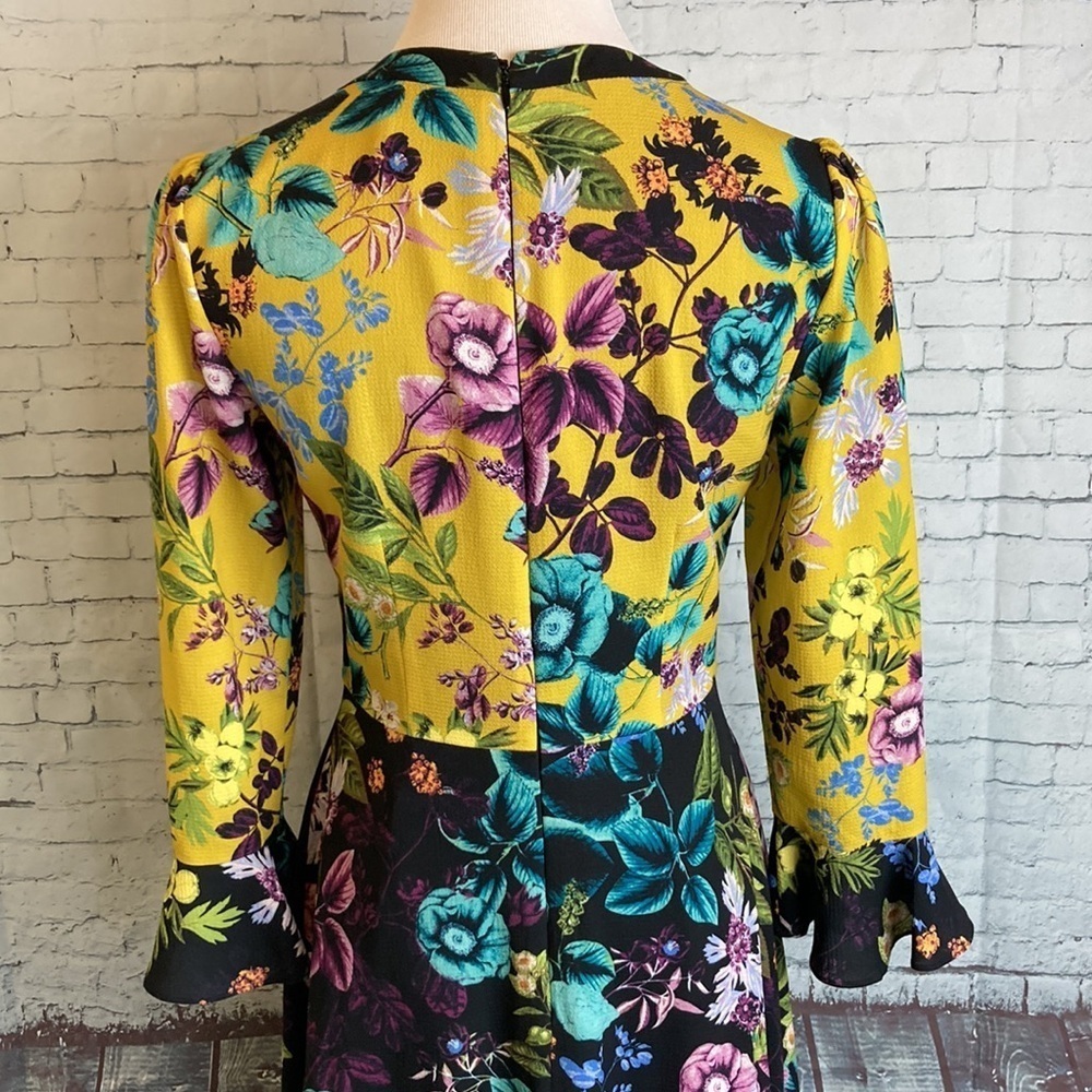 ELIZA J NWOT Floral Color Block MIDI Dress Long Bell Sleeves Sz 4 Dark Romantic - Picture 11 of 16